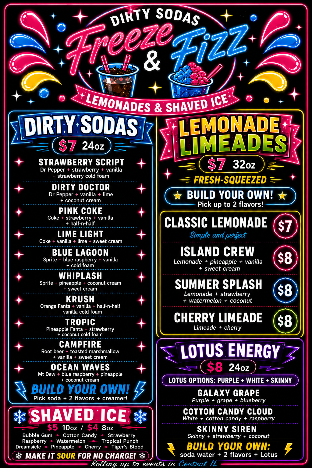 Freeze and Fizz menu board with dirty sodas, lemonade limeades, Lotus Energy, and shaved ice